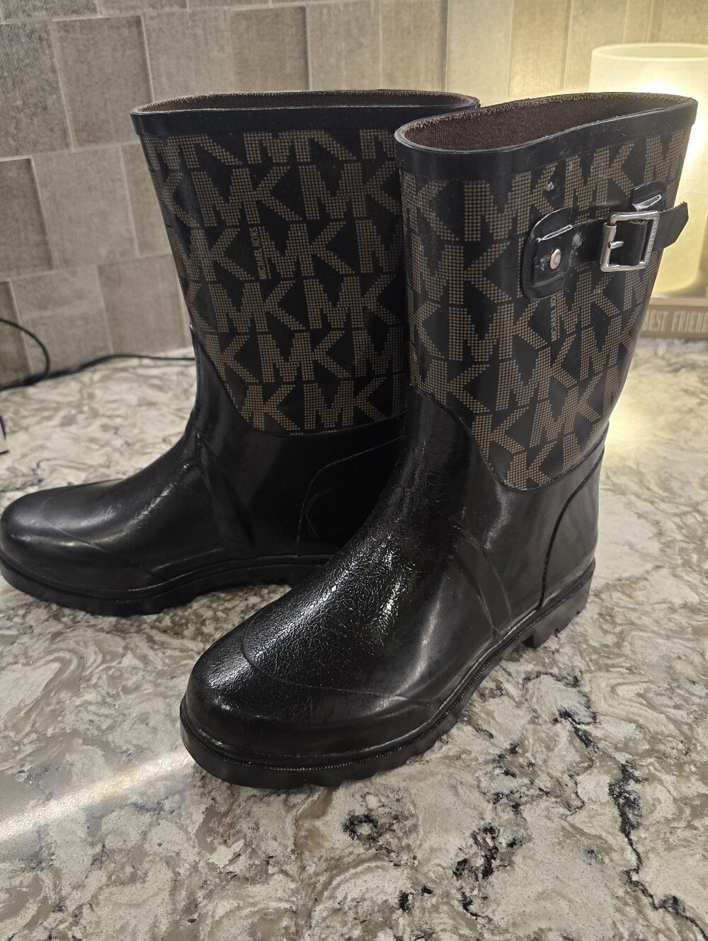 Michael Kors Women's Black & Brown MK Logo Waterproof Rain Boots Size: 9
